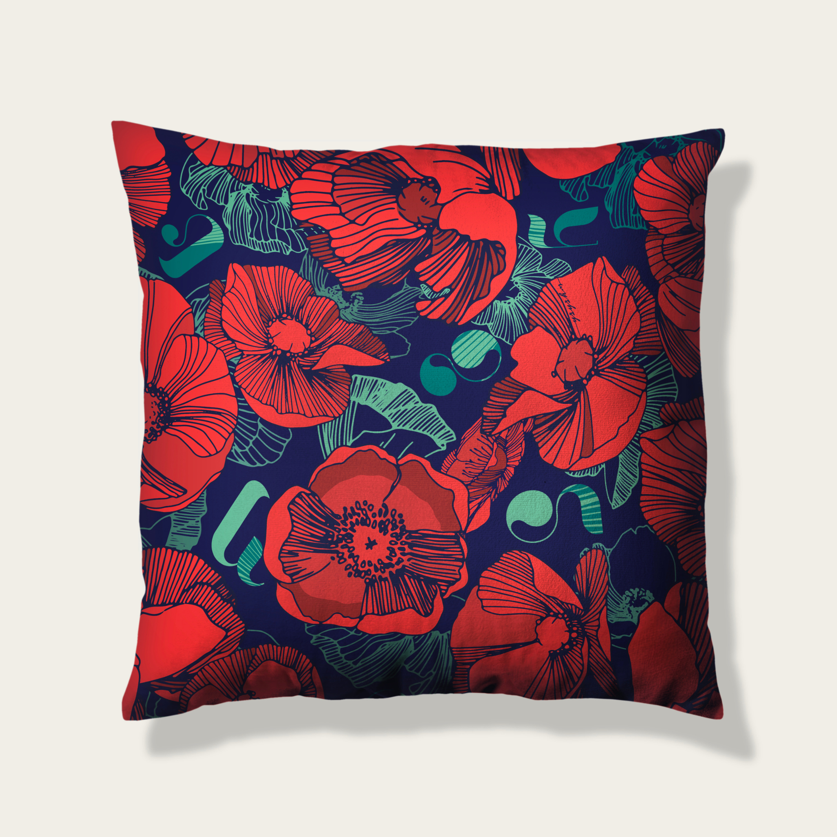 Velvet Decorative Cushion cover - Poppies - Dark