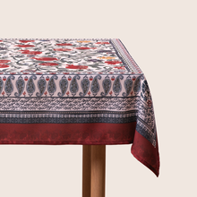 Load image into Gallery viewer, Red tablecloth with alphabet script and pomegranate motifs on white background