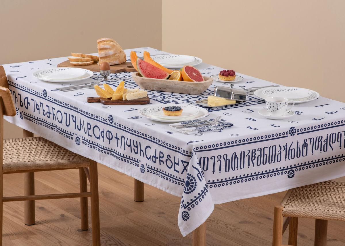 Tablecloth - Georgian Alphabet - White - BlueTabla