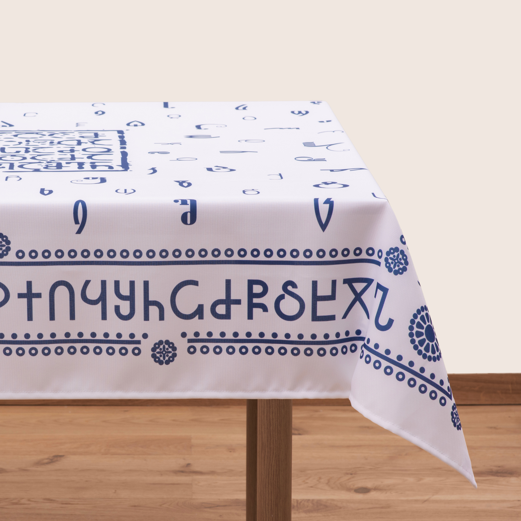 Tablecloth - Georgian Alphabet - White - BlueTabla