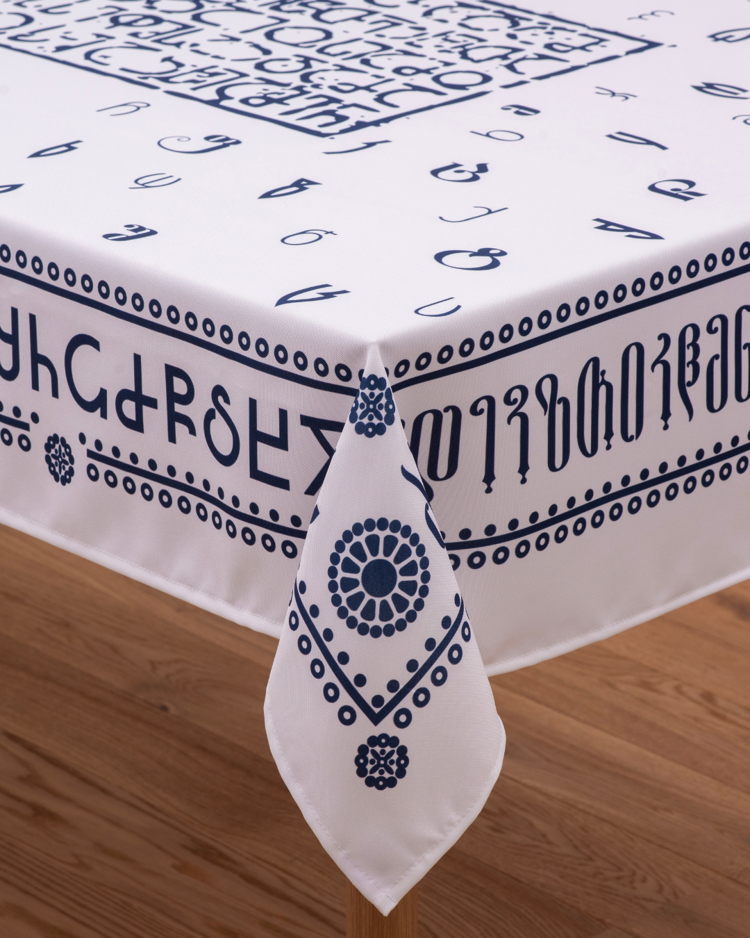 Tablecloth - Georgian Alphabet - White - BlueTabla