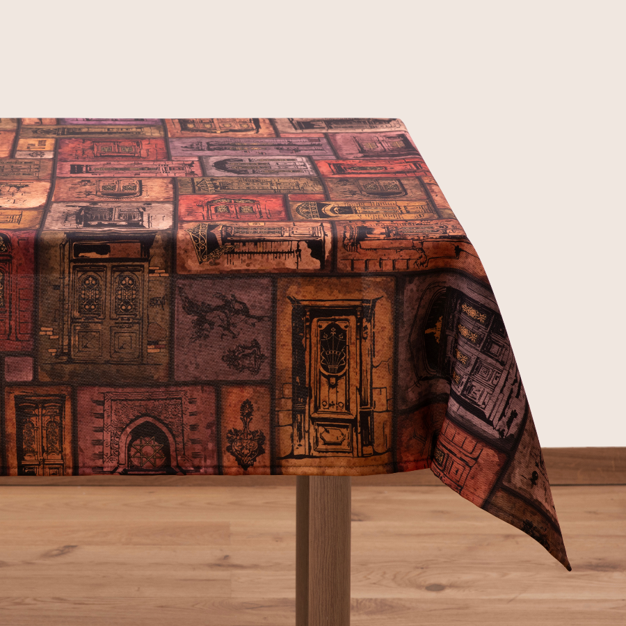 Doors of Tbilisi tablecloth showing illustrations of carved and painted city doors